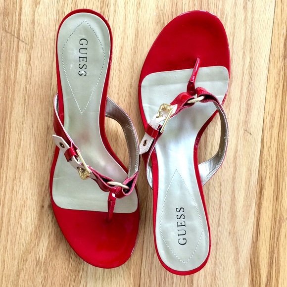 Guess Kitten Heel Red Patent Leather Sandals w/ Buckles Sz9.5 - Picture 2 of 7